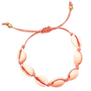 Rosemarie Collections Women's Mermaid Chic Stunning Natural Cowrie Seashell Puka Bracelet (7 Shell Coral Pink Slide Style, 5"-9")