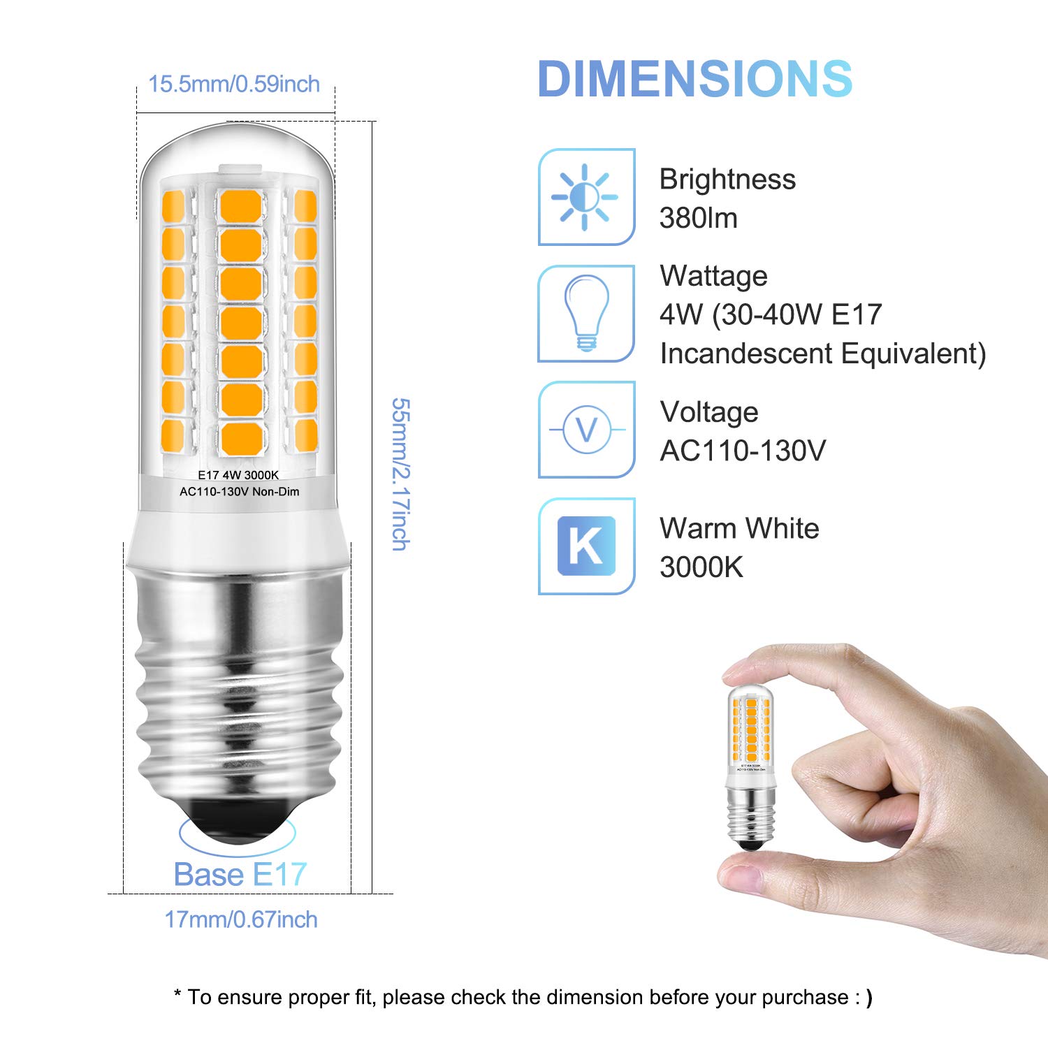 KLG 2 x E17 LED Bulbs, for Under Microwave Light Bulbs, Over Stove Lights, Home Lighting, Warm White 3000K, 4W 40W Halogen/Incandescent Bulbs Replacement,AC110-130V Non-dimmable