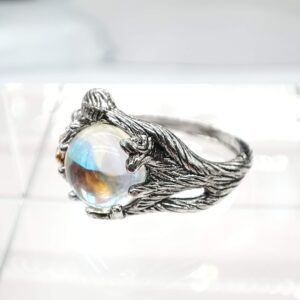 JESMING Rose Moonstone Ring Moon Ring 925 Cute Sterling Silver Rings Leaf Ring Wiccan Jewelry Rose Flower Ring Witchy Jewelry Healing Crystals Ring Antique Rings Moon Stones Ring for Women (SIZE:10)