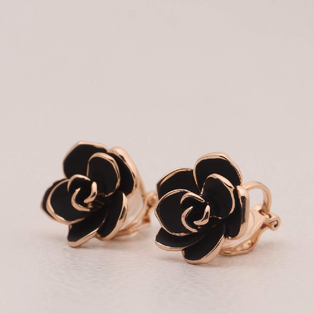 Black Rose Flower Vintage Rose Gold Plated Clip On Fake Stud Earrings for Women No Piercings Ear Fashion Elegant Vintage Wedding Jewelry Gifts for Birthday Hypoallergenic 15mm