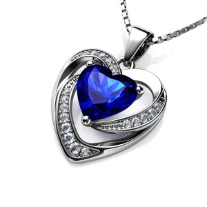 DEPHINI - Blue Heart Necklace - 925 Silver Heart Pendant with White CZ & Blue Birthstone Embellished with Branded Crystal for Women, 18" Sterling Silver Chain + Jewellery Box, Gifts for Women