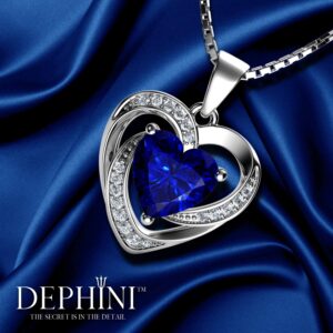 DEPHINI - Blue Heart Necklace - 925 Silver Heart Pendant with White CZ & Blue Birthstone Embellished with Branded Crystal for Women, 18" Sterling Silver Chain + Jewellery Box, Gifts for Women