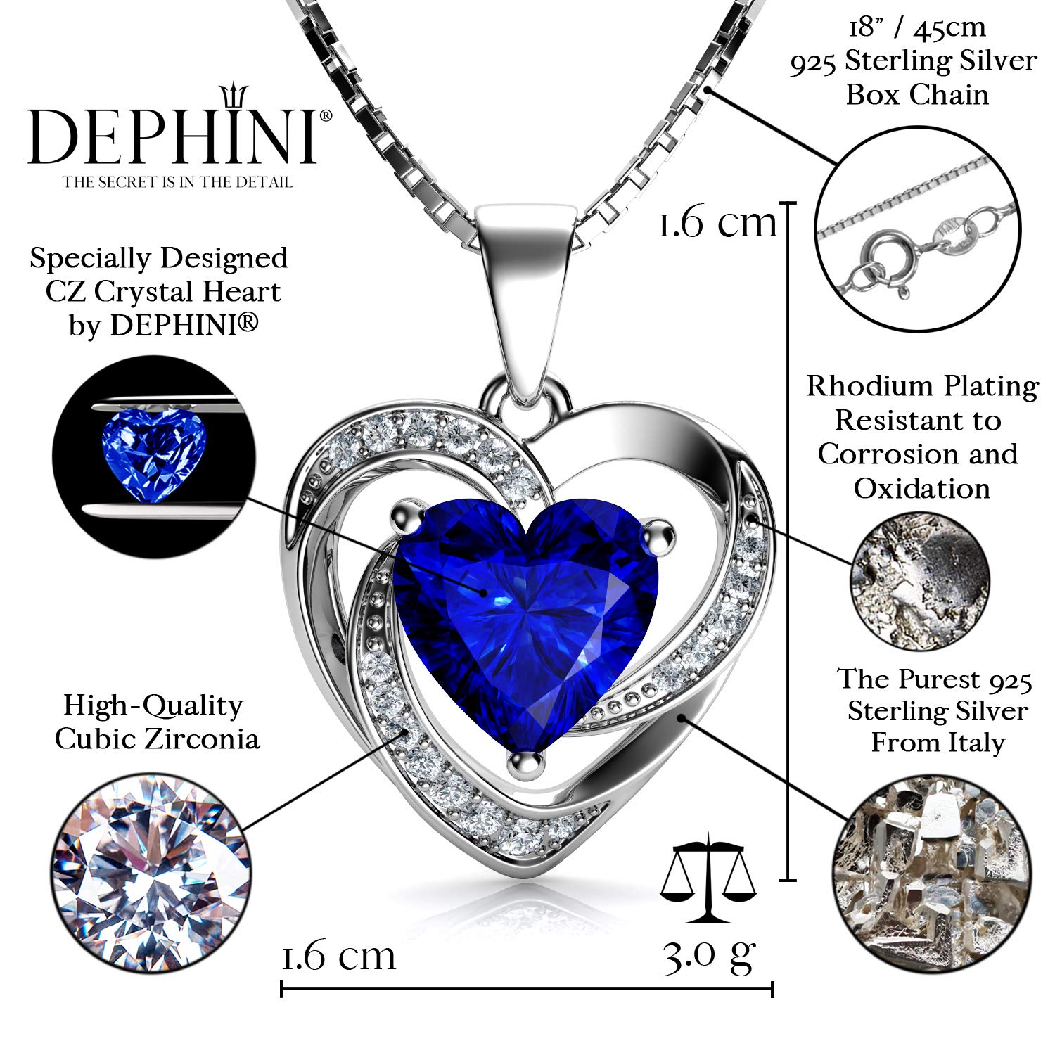 DEPHINI - Blue Heart Necklace - 925 Silver Heart Pendant with White CZ & Blue Birthstone Embellished with Branded Crystal for Women, 18" Sterling Silver Chain + Jewellery Box, Gifts for Women