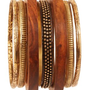 Touchstone wooden women bamboo wood jewelry african bangle bracelets gold bangles brown boho accessories chunky vacation brass statement natural rustic Indian bollywood handcrafted. Set of 7