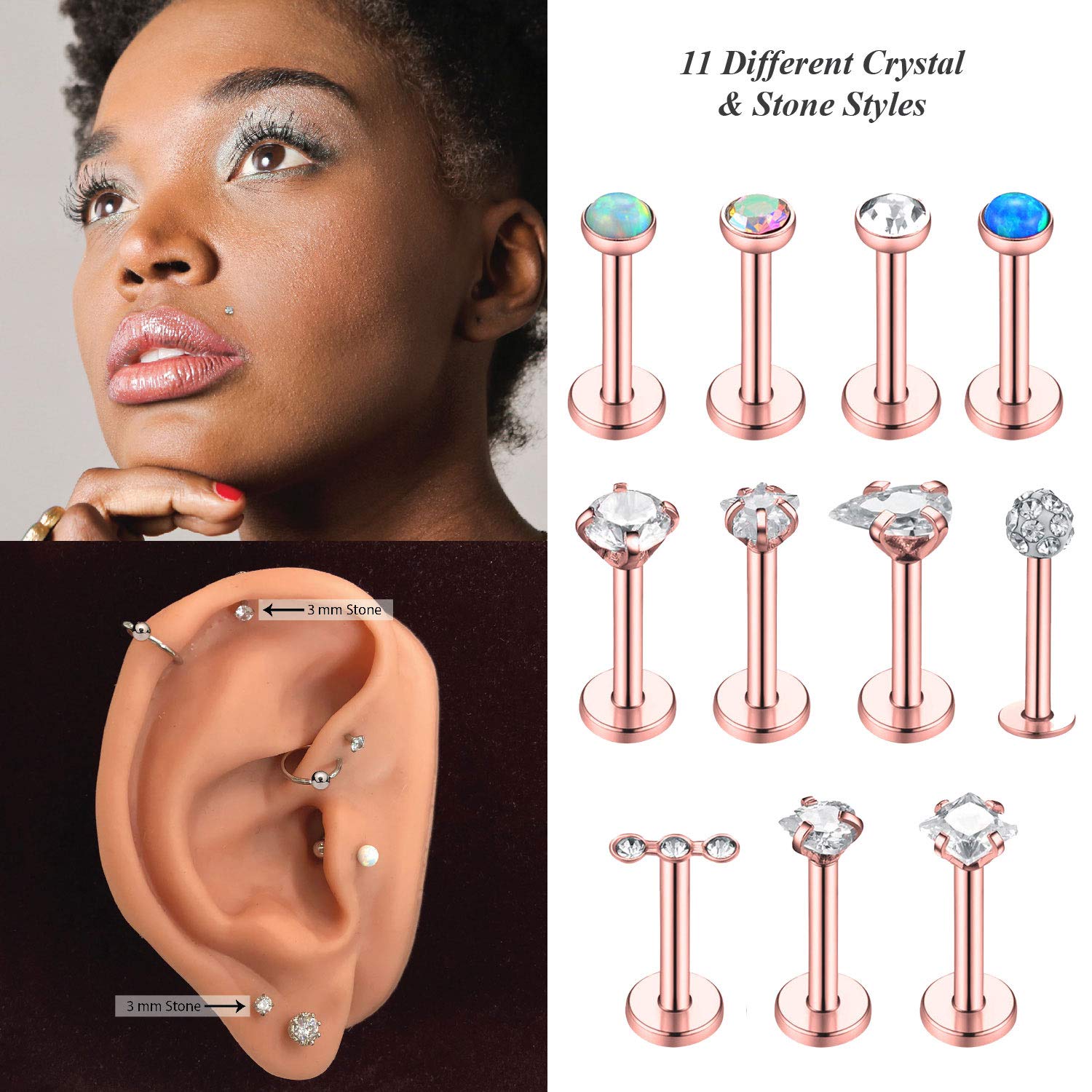 BodyJ4You 19PC Labret Stud Straight Tragus Bar Set 16G Rose Goldtone Lip Retainer Piercing Jewelry