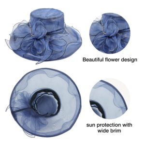 Lawie Women Girls Royal Blue Large Flower Wide Brim Tea Party Fascinator Hat British Cocktail Easter Church Ladies Dress Hats Queen Fancy Organza Bonnet Spring Hat Sunday Cap 1900s Elegant Costume