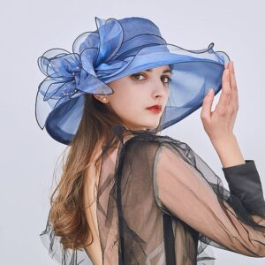 Lawie Women Girls Royal Blue Large Flower Wide Brim Tea Party Fascinator Hat British Cocktail Easter Church Ladies Dress Hats Queen Fancy Organza Bonnet Spring Hat Sunday Cap 1900s Elegant Costume