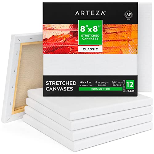 ARTEZA Stretched Canvas, 8 x 8 Inches, Pack of 12, Blank White Square Canvas for Painting for Acrylic, Oil and Gouache Paints