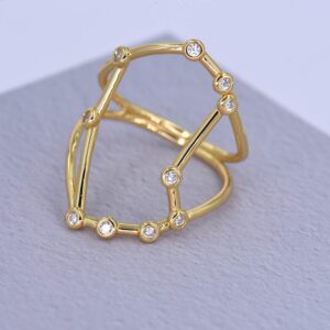 18K Gold Plated Sterling Silver Bezel Set Constellation Zodiac Rings - Gemini (May 21 - Jun 20）