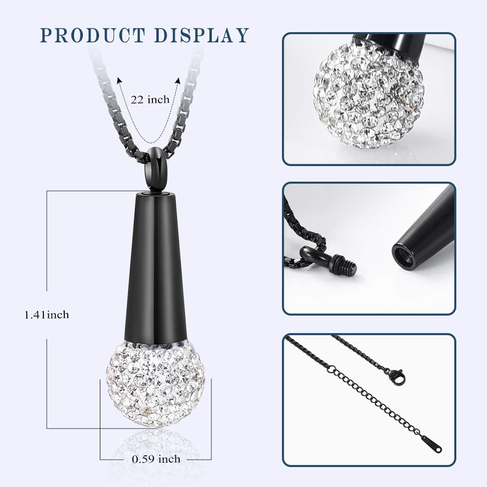 zeqingjw Microphone Cremation Jewelry for Ashes Urn Pendant Necklace with Crystal Stainless Steel Keepsake Memorial Ash Jewelry (Black)