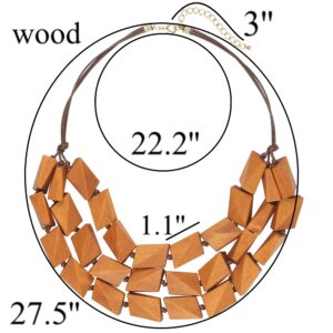 Coiris 3 Layers Big Faceted Wood Beaded Strand Statement Necklace for Women Chunky Collar (N0018-Light Brown)