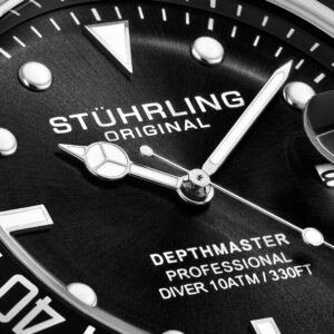 Stuhrling Original Men's Watch Dive Watch Silver 42 MM Case with Screw Down Crown Rubber Strap Water Resistant to 330 FT (Black)