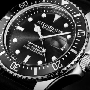 Stuhrling Original Men's Watch Dive Watch Silver 42 MM Case with Screw Down Crown Rubber Strap Water Resistant to 330 FT (Black)