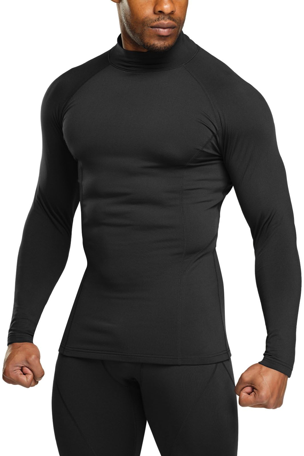 TSLA Men's Thermal Long Sleeve Compression Shirts, Mock/Turtleneck Winter Sports Running Base Layer Top, Heatlock Mock Neck Black, Large