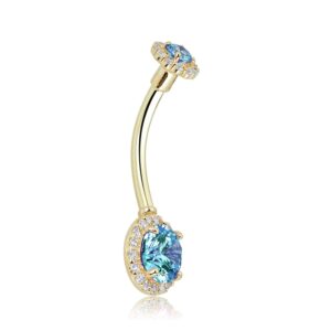 AVORA 10K Yellow Gold Aqua Simulated Diamond CZ Halo Belly Button Ring Body Jewelry (14 Gauge)