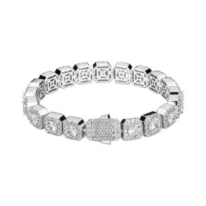 jinao silver tennis bracelet for men women 1 row 10mm 14k gold plated iced out round cubic zirconia cluster square halo wrist chain jumbo bracelet (silver, 7.0)