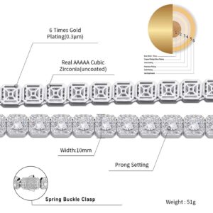 JINAO Silver Tennis Bracelet for Men Women 1 Row 10MM 14k Gold Plated Iced Out Round Cubic Zirconia Cluster Square Halo Wrist Chain Jumbo Bracelet (Silver, 7.0)