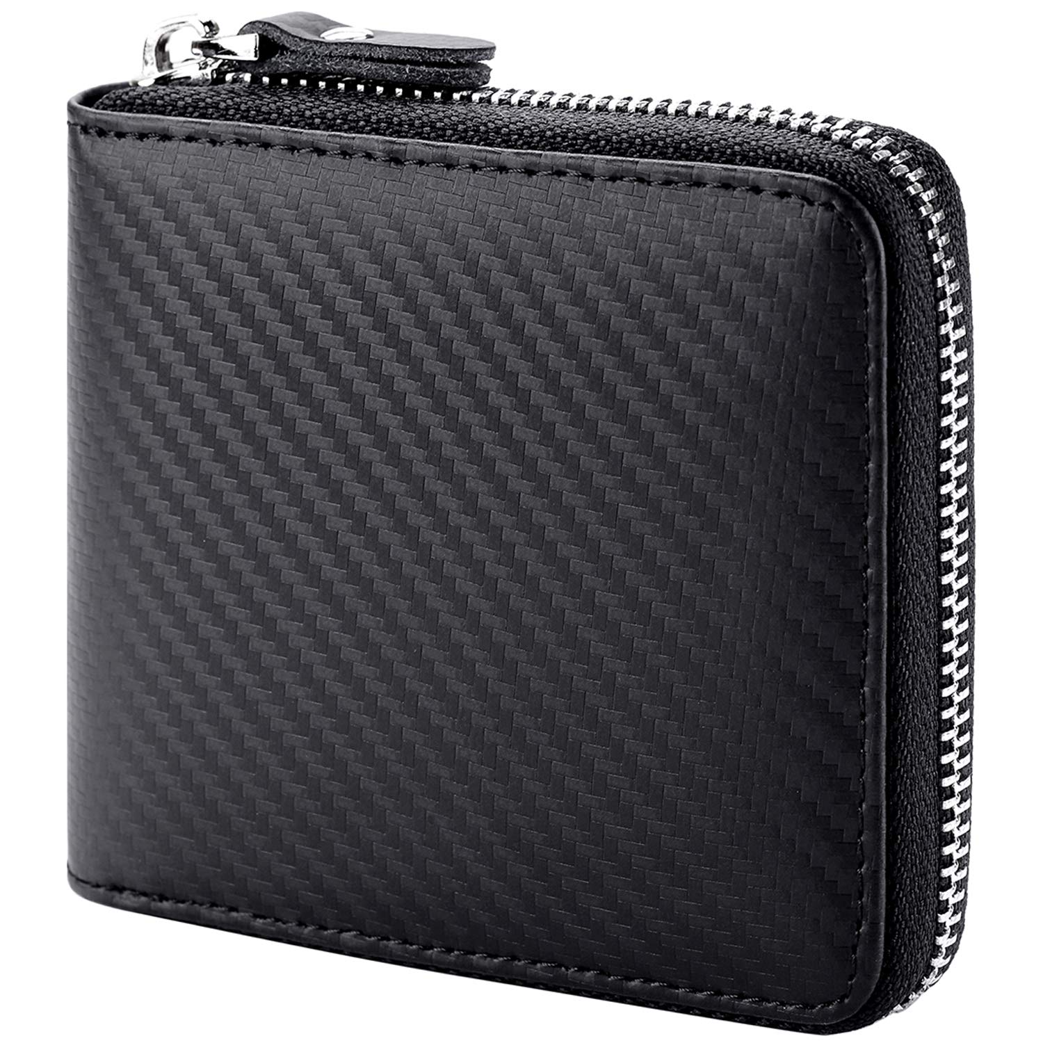 Huztencor Wallet with Zipper for Men RFID Blocking Wallets for Men Leather Zip Around Bifold Multi Card Holder Purse Carbon Fiber Black