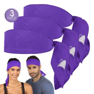 Athle Sport Headband - Sports Head Tie Headband for Women and Men - 3 Pack Workout and Running Headband - Sweatbands for Men and Women - Dri Fit Head Wrap - Purple