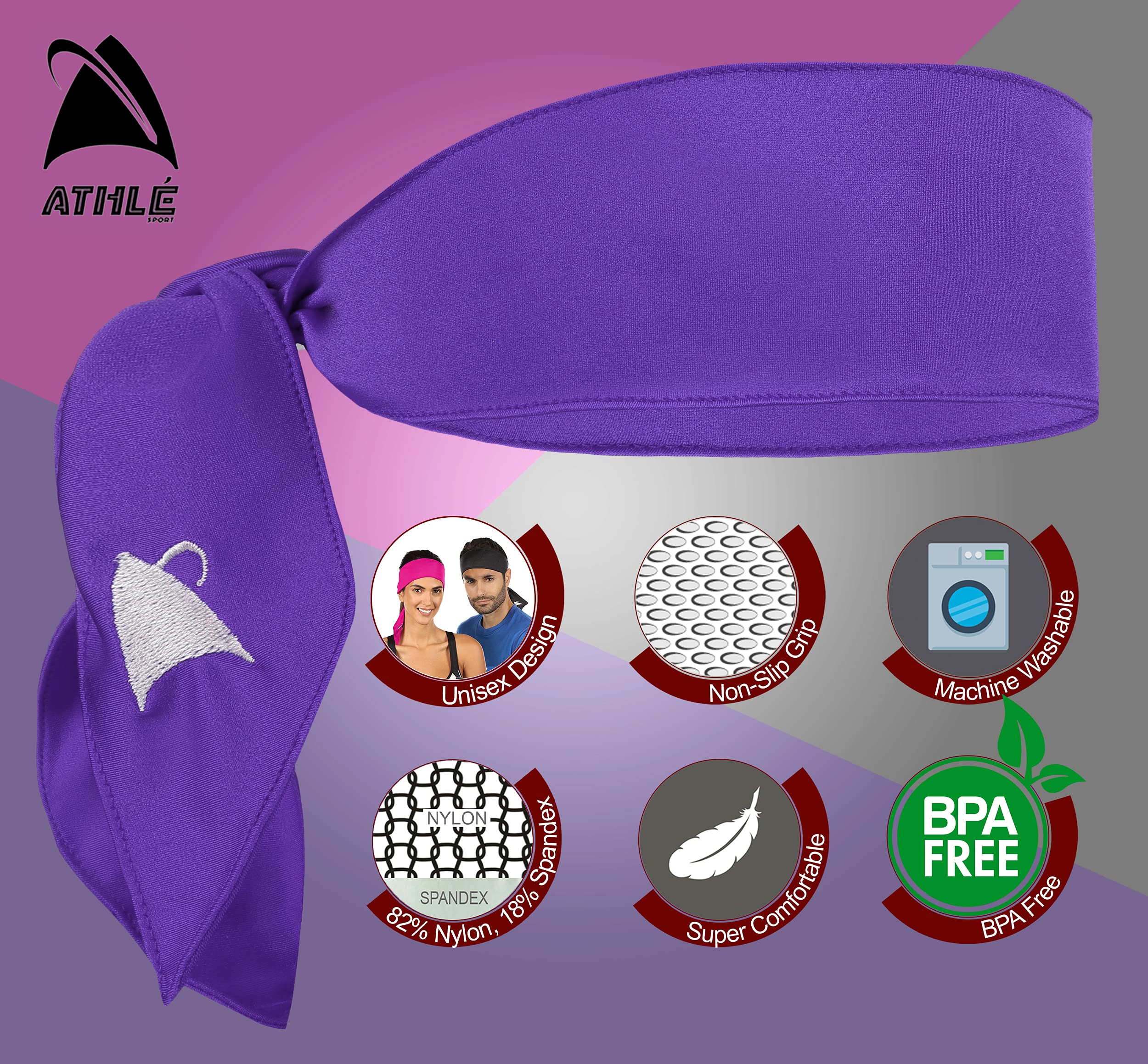 Athle Sport Headband - Sports Head Tie Headband for Women and Men - 3 Pack Workout and Running Headband - Sweatbands for Men and Women - Dri Fit Head Wrap - Purple