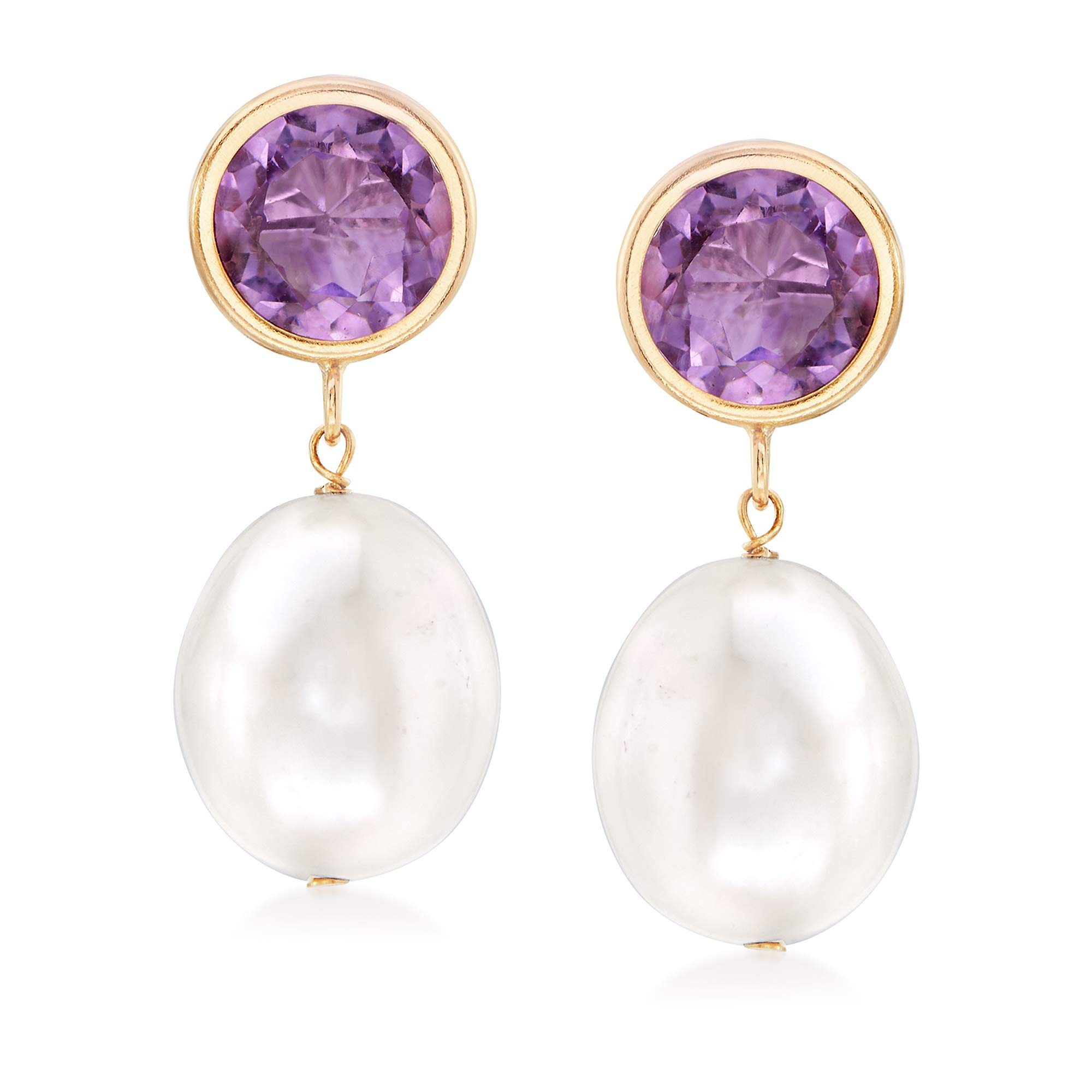 Ross-Simons 10-11mm Cultured Pearl and 4.00 ct. t.w. Amethyst Drop Earrings in 14kt Yellow Gold