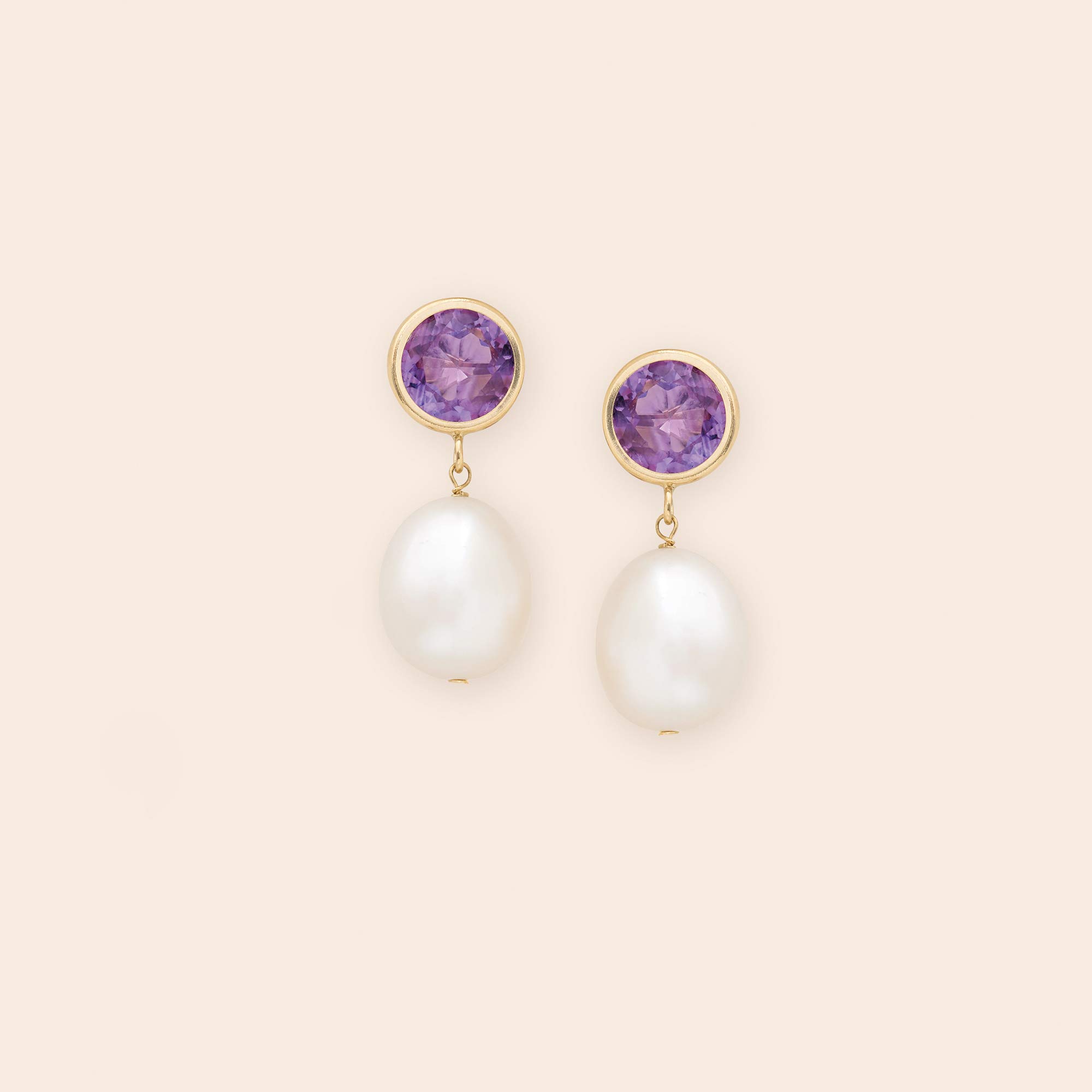 Ross-Simons 10-11mm Cultured Pearl and 4.00 ct. t.w. Amethyst Drop Earrings in 14kt Yellow Gold