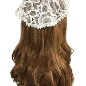 PAMOR Chapel Cap Veil Floral Lace Mantilla Inspired Circle Round Head Covering (White)