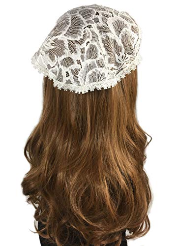 PAMOR Chapel Cap Veil Floral Lace Mantilla Inspired Circle Round Head Covering (White)