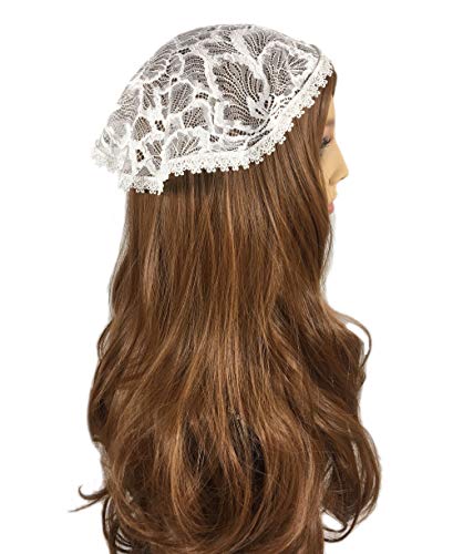 PAMOR Chapel Cap Veil Floral Lace Mantilla Inspired Circle Round Head Covering (White)