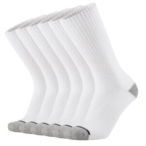 kmm men's cotton full thick cushion crew socks moisture control heavy duty work boot warm thermal anti wicking sweat blisters 6p(white l)