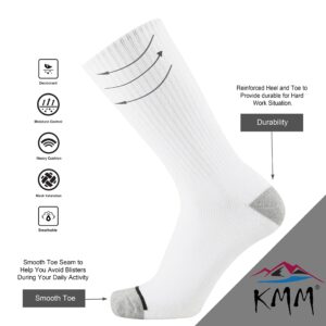 KMM Men's Cotton Full Thick Cushion Crew Socks Moisture Control Heavy Duty Work Boot Warm Thermal Anti Wicking Sweat Blisters 6P(White L)