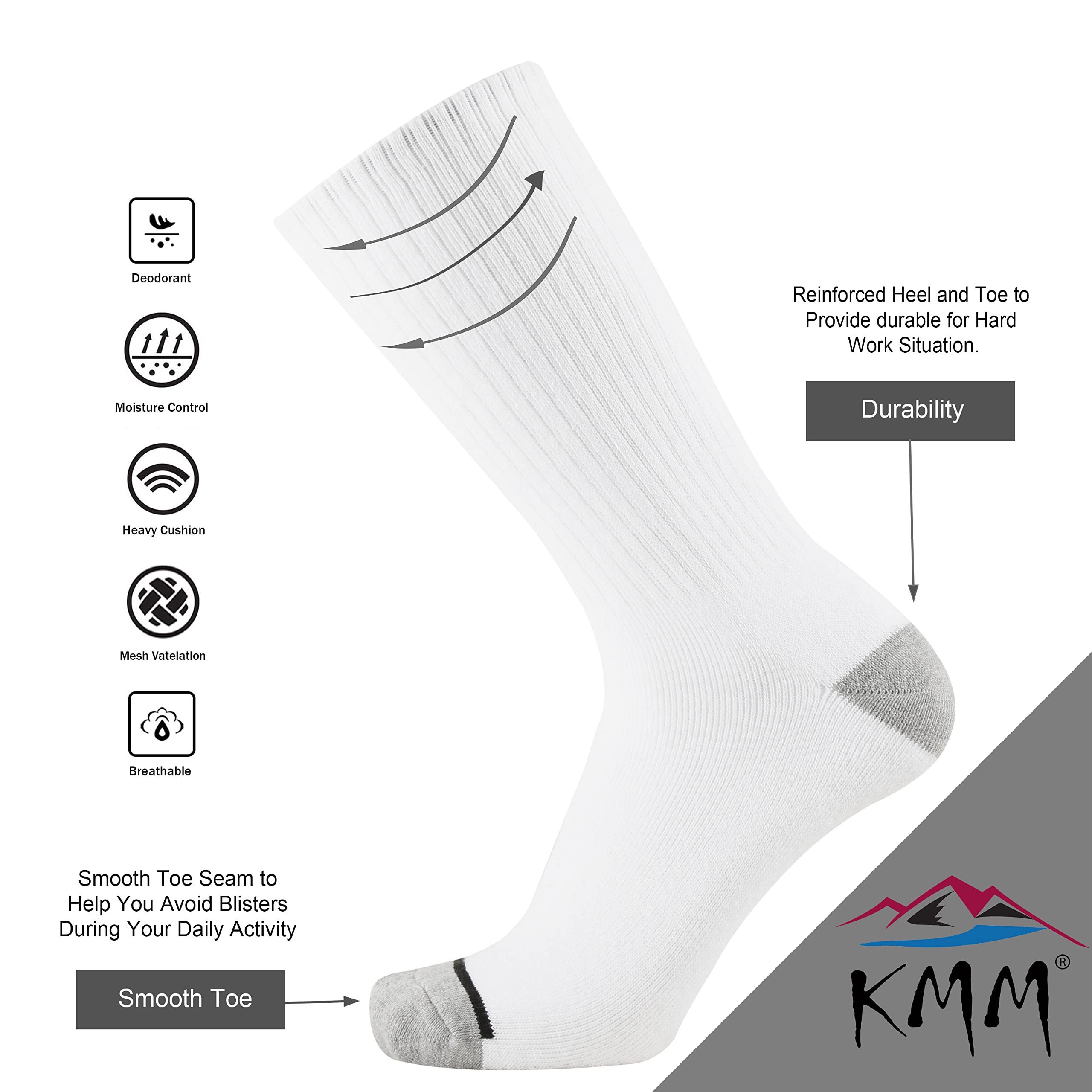 KMM Men's Cotton Full Thick Cushion Crew Socks Moisture Control Heavy Duty Work Boot Warm Thermal Anti Wicking Sweat Blisters 6P(White L)