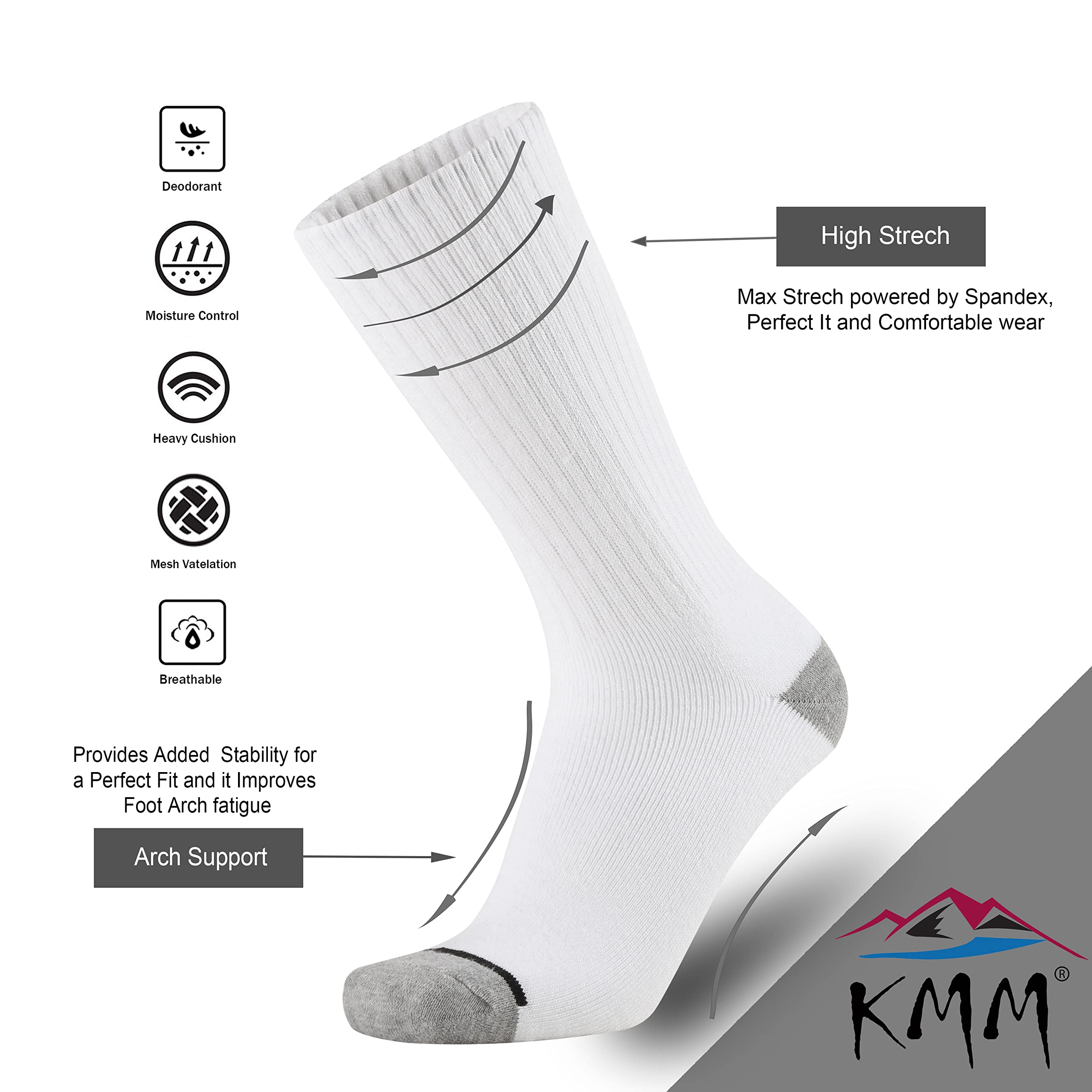 KMM Men's Cotton Full Thick Cushion Crew Socks Moisture Control Heavy Duty Work Boot Warm Thermal Anti Wicking Sweat Blisters 6P(White L)