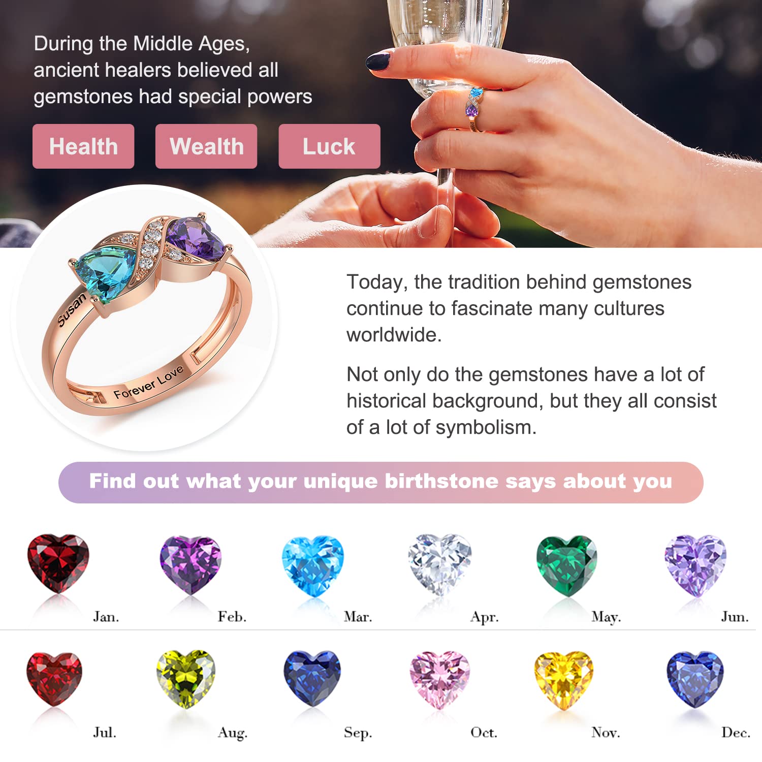 FenFang Mom Ring Personalized Mother Rings for Women with 2 Birthstones Infinity Promise Rings Custom 2 Name Rings Mothers Day Rings Mom Jewelry