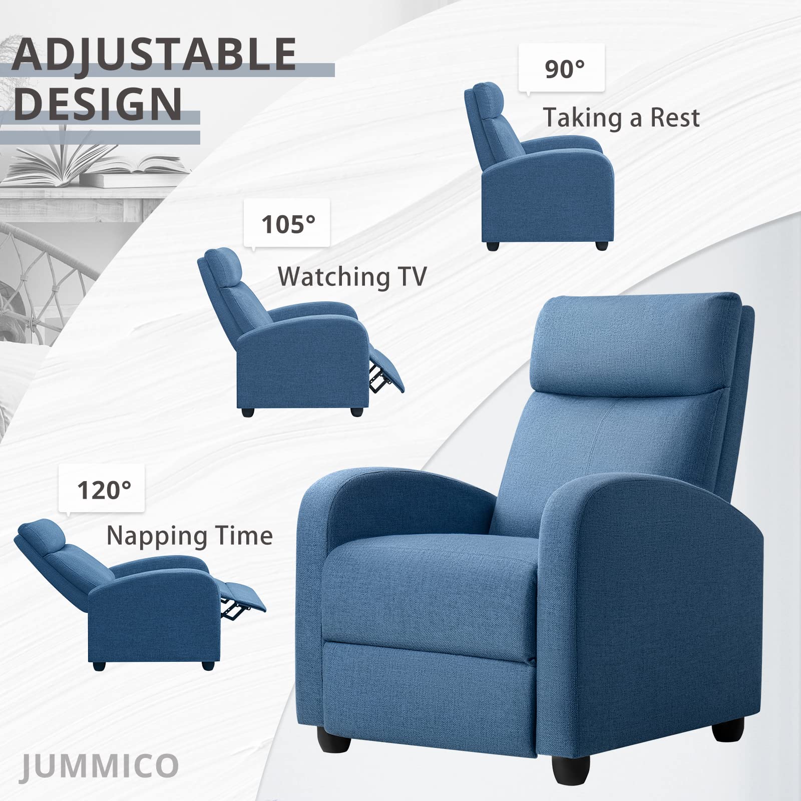 JUMMICO Recliner Chair Adjustable Home Theater Single Fabric Recliner Sofa Furniture with Thick Seat Cushion and Backrest Modern Living Room Recliners (Modern, Light-blue)