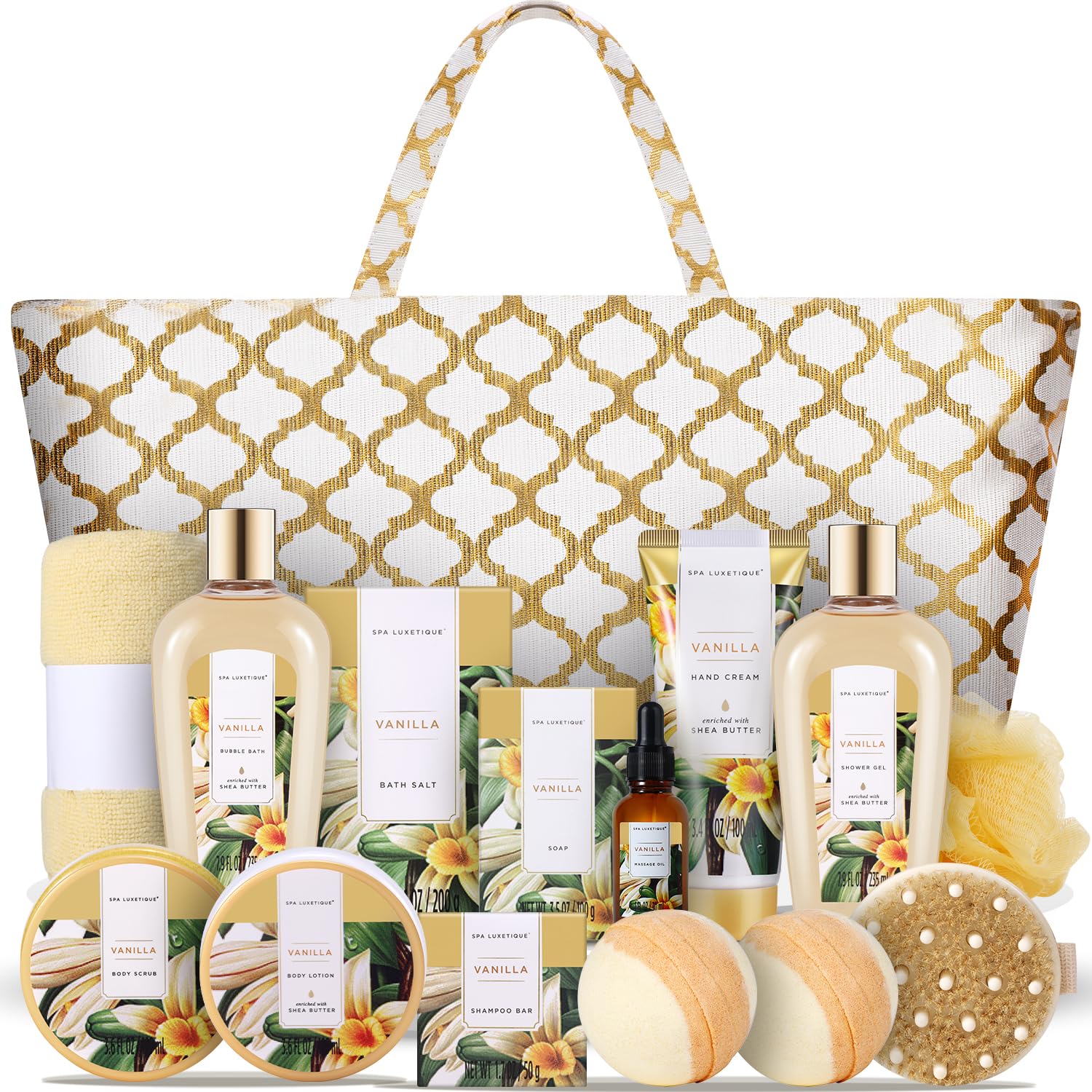 Spa Luxetique Gift Baskets for Women,15 Pcs Vanilla Spa Gifts for Women, Gifts for Women with Bubble Bath, Bath Salt, Bath Bombs Birthday Gifts for Woman With Tote Bag, Spa Baskets for Women Gift