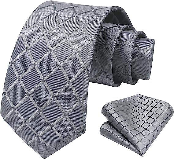 HISDERN Mens Ties for Men Grey Plaid Tie Handkerchief Classic Men's Tie with Pocket Square Set Formal Necktie Silver Gray Wedding Business Ties Set