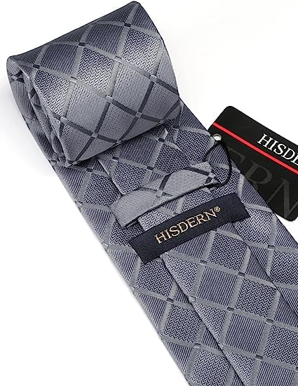 HISDERN Mens Ties for Men Grey Plaid Tie Handkerchief Classic Men's Tie with Pocket Square Set Formal Necktie Silver Gray Wedding Business Ties Set