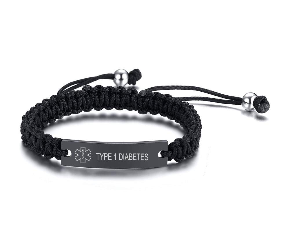 VNOX TYPE 1 DIABETES Handmade Braided Rope Adjustable Medical Alert ID Bracelet Fits Adults