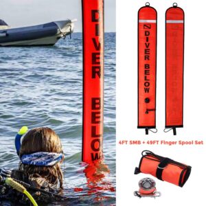 4ft Red Scuba Diving Open Bottom Surface Marker Buoy (SMB) with 49ft Finger Spool Alloy Dive Reel and Double Ended Bolt Clip - Gray