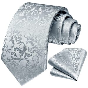 Silver Tie for Men Solid Paisley Floral Grey Mens Ties Handkerchief Set Classic Business Flower Tuxedo Neckties for Wedding Party Tie