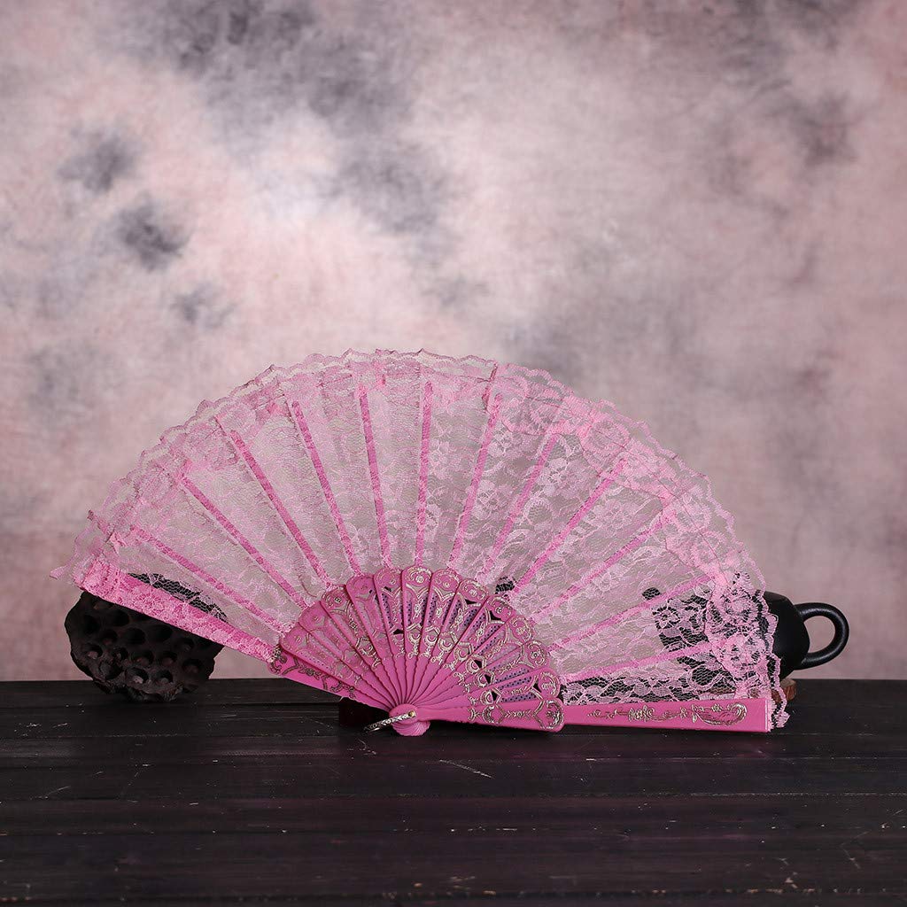 Uqiangy Chinese Style Lace Silk Folding Hand Fan (Pink)