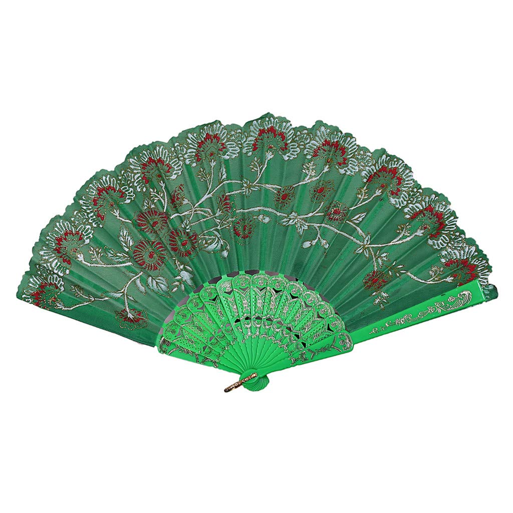 Uqiangy Retro Lace Silk Folding Hand Fan (Green)