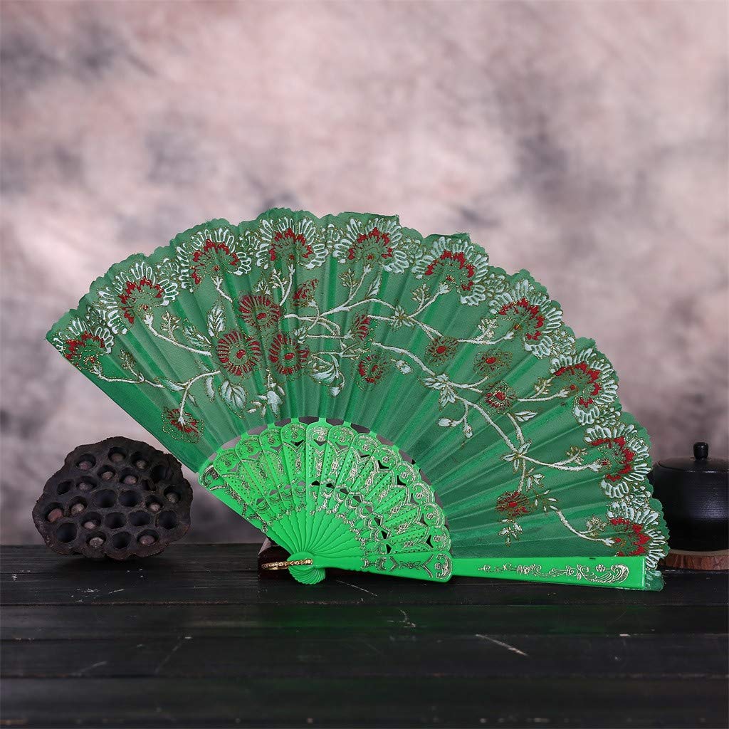 Uqiangy Retro Lace Silk Folding Hand Fan (Green)