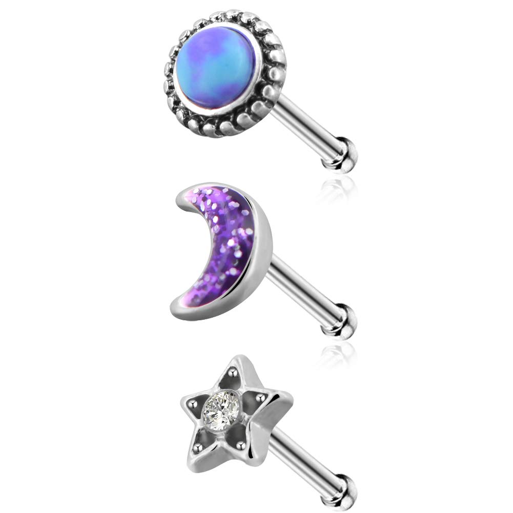 Jewseen Nose Rings Set 3PCS Moon Star Marble Stone Nose Piercing 18g Stud Rings Body Piercing Jewelry