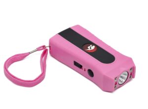 duo thunder super heavy duty stun gun for self defense with bright led flashlight, safety disable pin - rechargeable battery, nylon holsters for easy cary (pink)