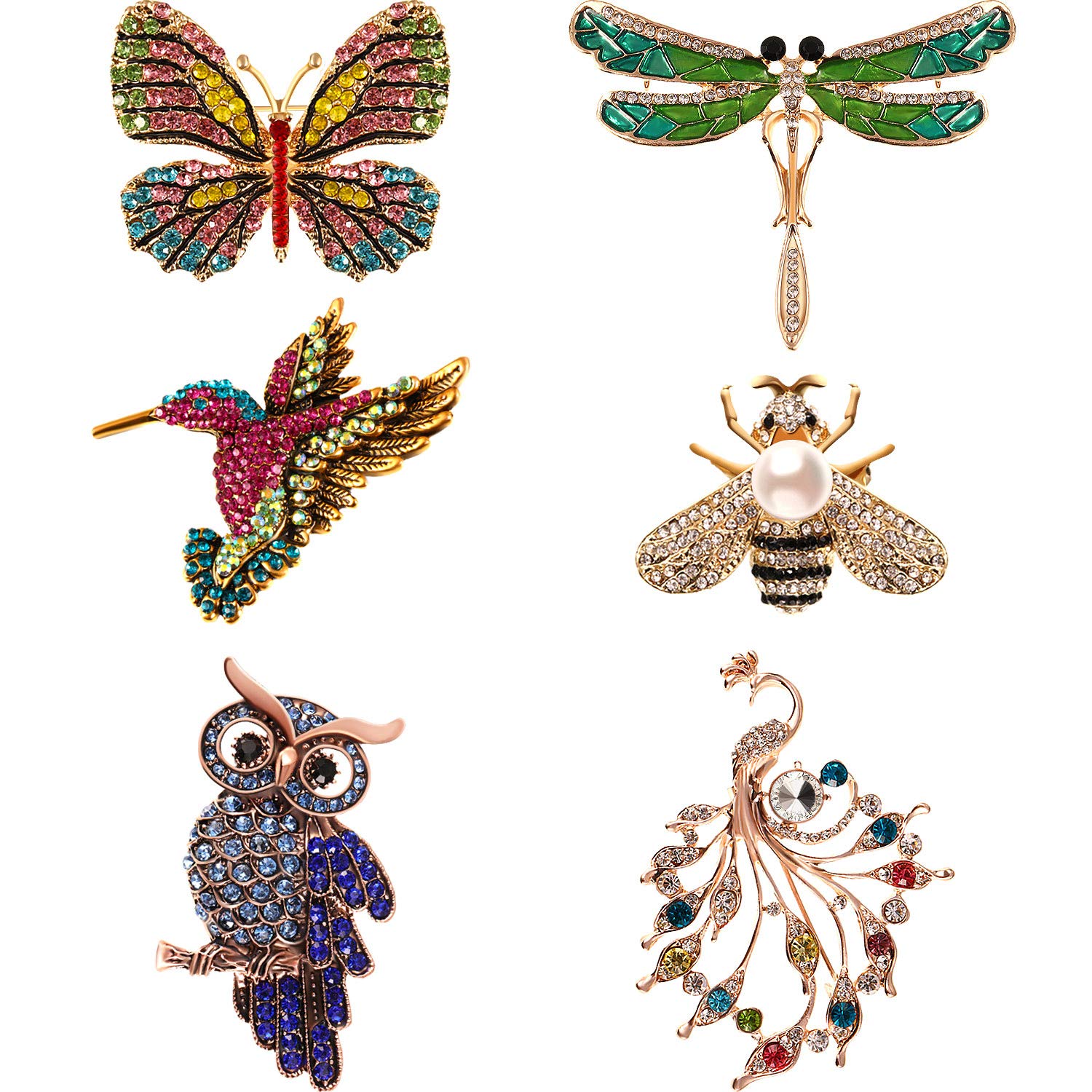 Hicarer 6 Pieces Women Brooch Set Crystal Pin Brooch Colorful Animal Shape Brooch Pin for Women Girls Party Favors (Dragonfly, Butterfly, Hummingbird, Owl, Peacock, Bee Design)