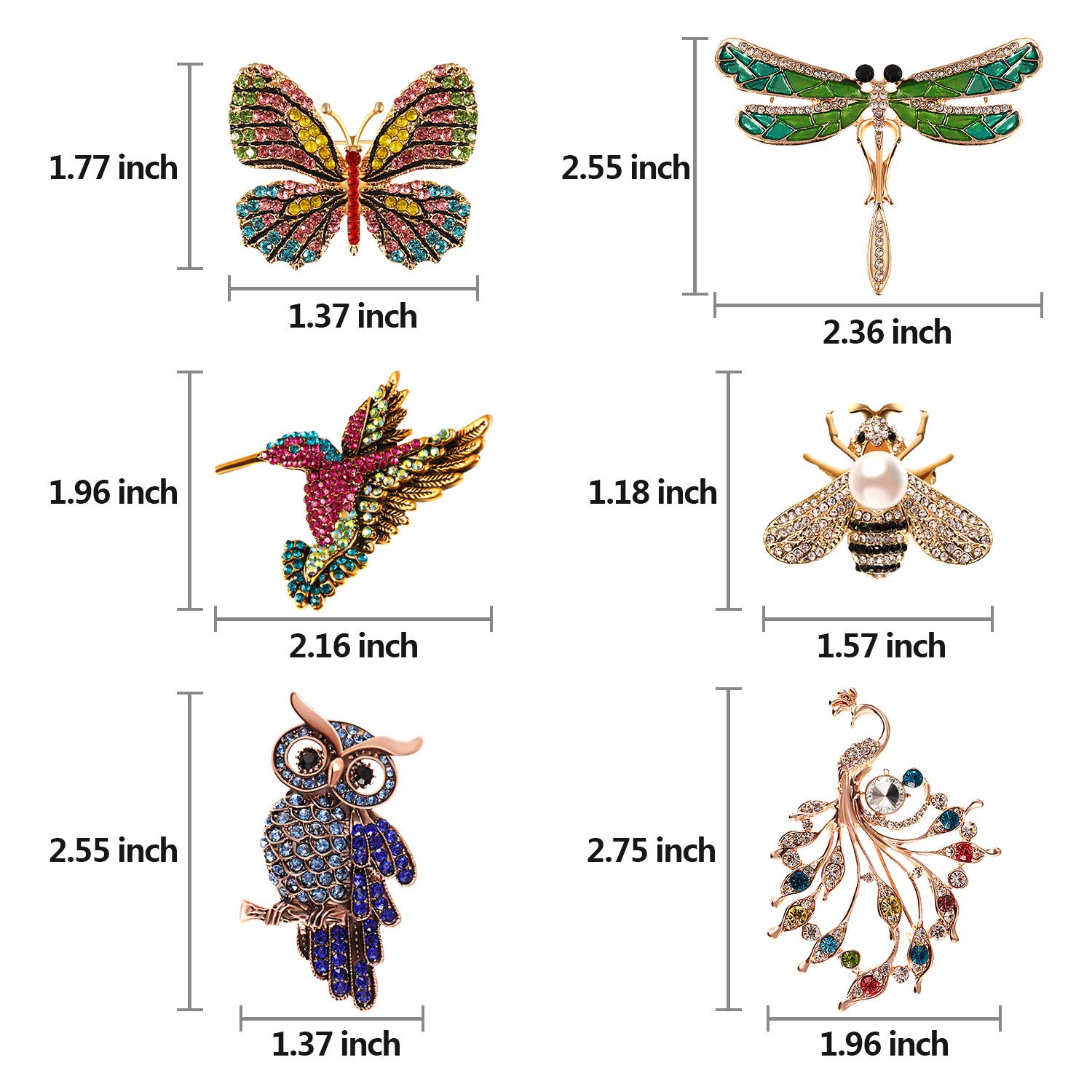 Hicarer 6 Pieces Women Brooch Set Crystal Pin Brooch Colorful Animal Shape Brooch Pin for Women Girls Party Favors (Dragonfly, Butterfly, Hummingbird, Owl, Peacock, Bee Design)