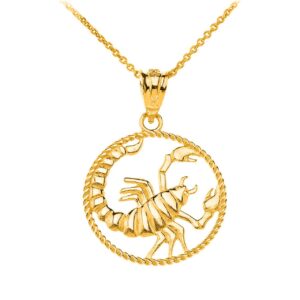 certified 10k gold round scorpio zodiac sign twisted rope style charm pendant necklace, 18"