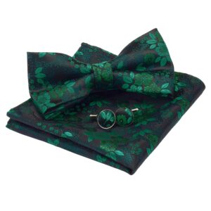 GUSLESON Green Floral Bow Tie Pre-tied Silk Bowtie and Pocket Square Cufflink Set(0582-10)